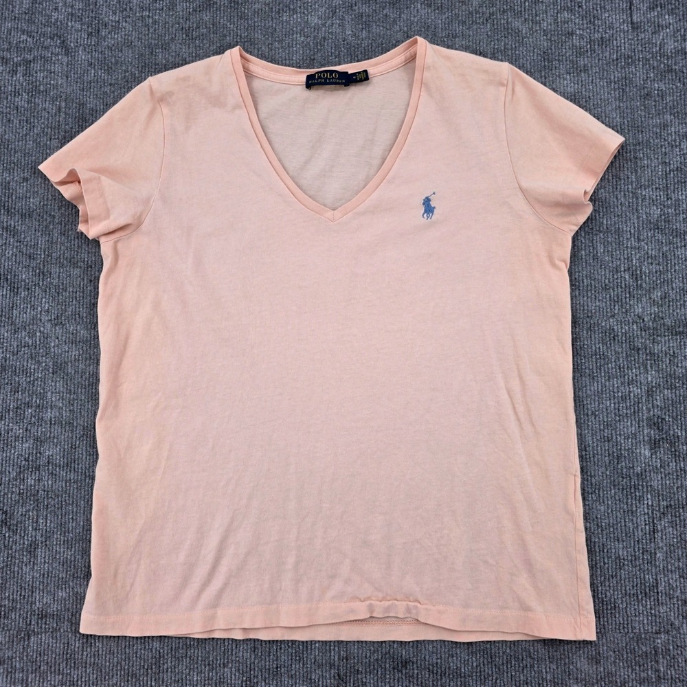 Polo Ralph Lauren Womens V-Neck T-Shirt Pink Blue Pony Logo Size M